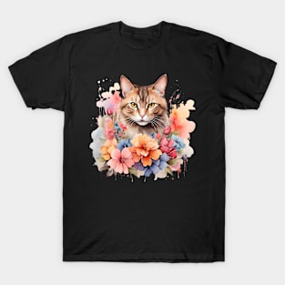 A cat decorated with beautiful watercolor flower T-Shirt